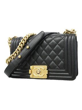 Chanel Shoulder Bag Boy Caviar Leather Black Gold